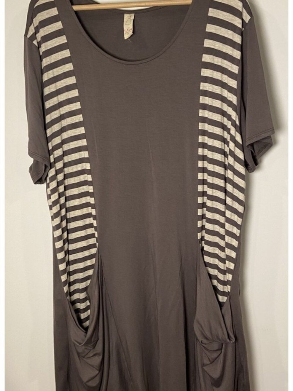 Chalet 2 Piece Tunic Shirt Leggings Lagenlook Bamboo Taupe Gray Stripe 2X 3X